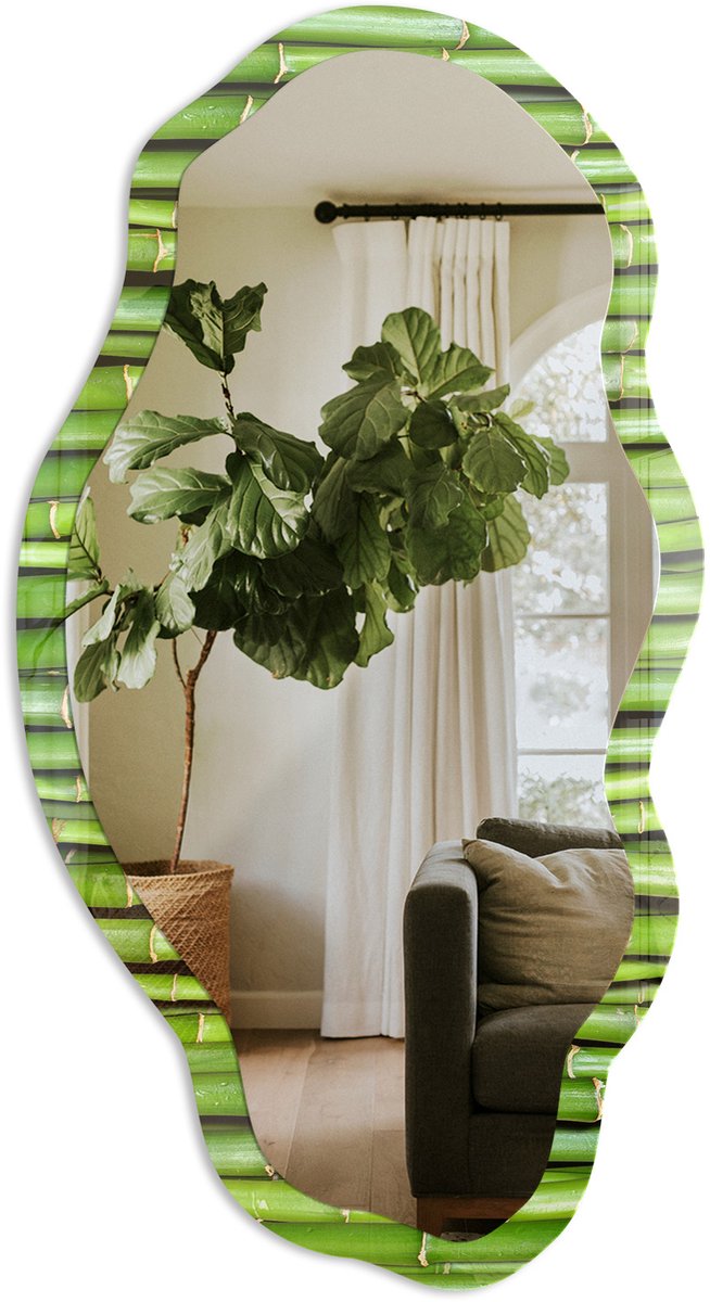 TULUP Groene Bamboe Spiegel - Groen Stijlvolle Wandspiegel - Organische Spiegel - Badkamer, Woonkamer, Slaapkamer - Minimalistisch - 45x90 cm - Totale afmeting 52x97 cm Groene Bamboe, Groen