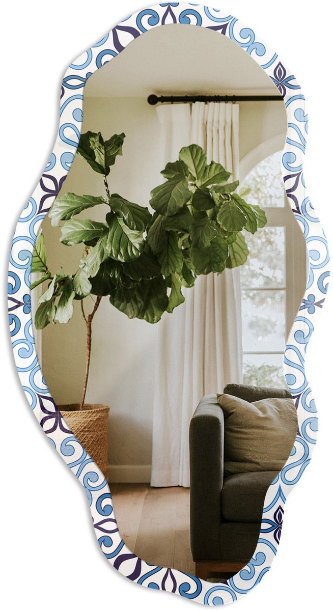 Tulup Blauw Ornament Spiegel - Blauw Elegante Rechthoekige Wandspiegel - Organische Spiegel - Badkamer, Hal, Kantoor - Geometrisch - 45x90 cm - Totale afmeting 52x97 cm