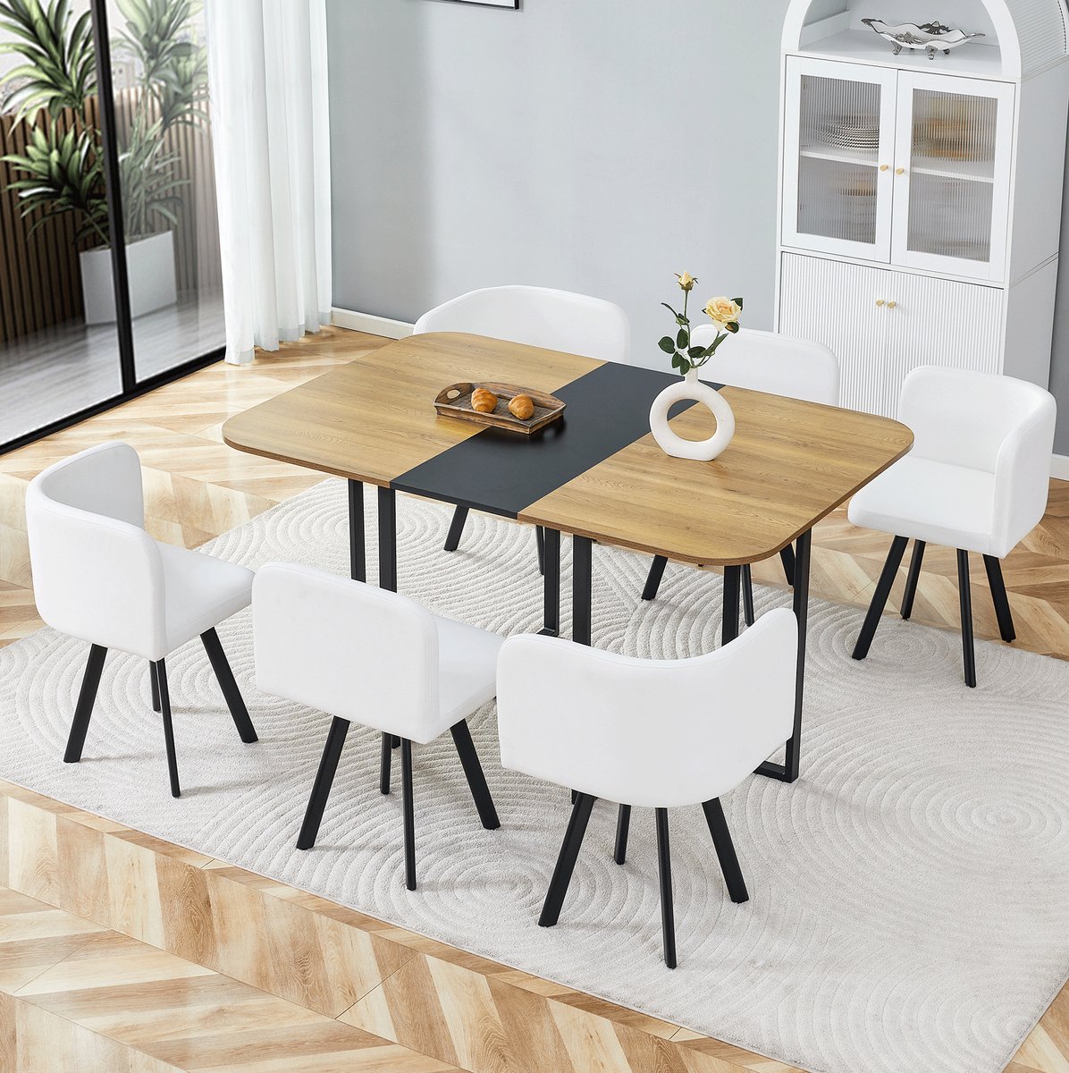 Tafel En Stoelen Set Uitschuifbaar - Tafel Met 6 Stoelen En Houtlook - Modern Voor Eetkamer En Woonkamer - Hout Metaal - 150x100x79 Cm