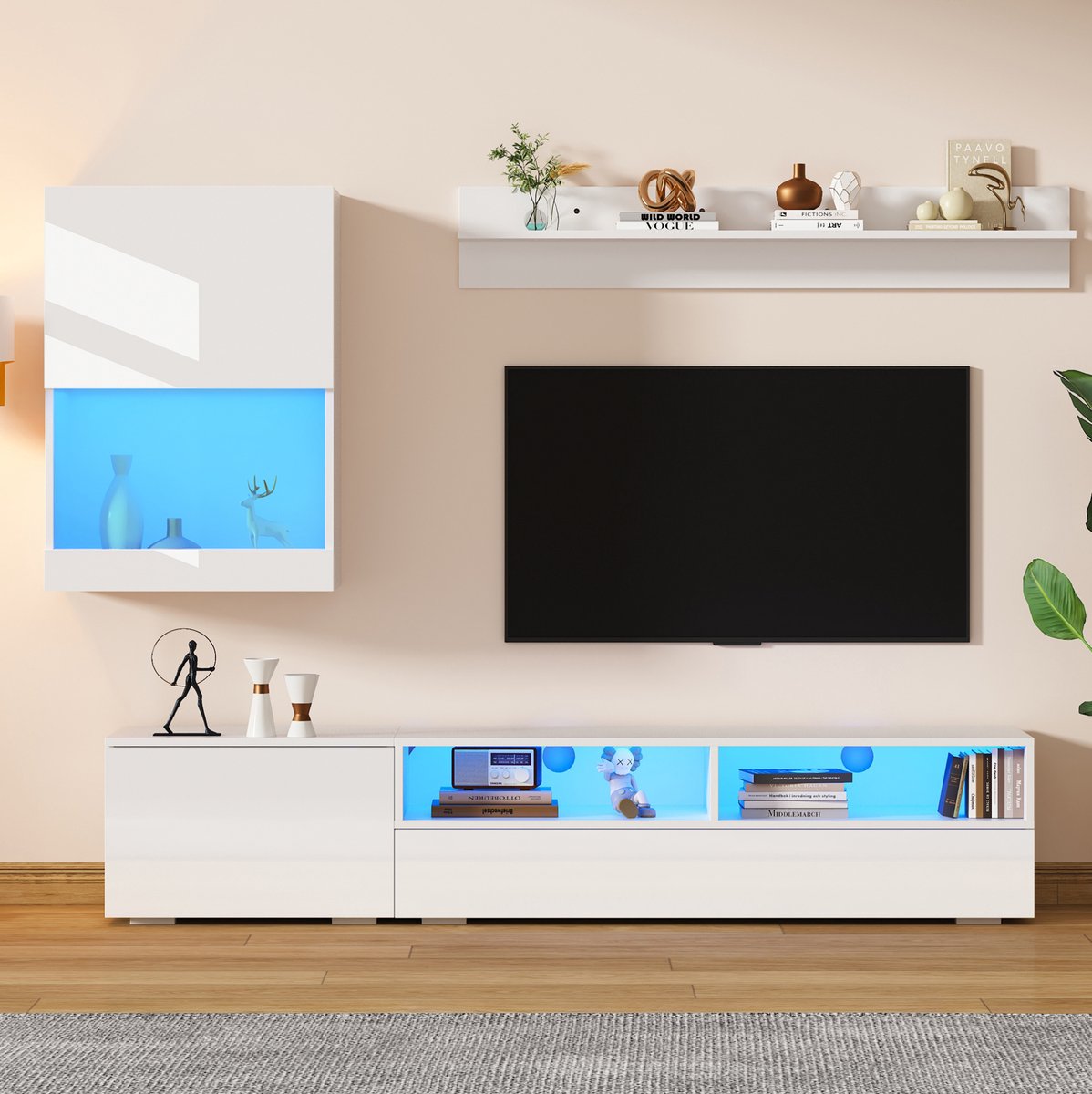 HAUSS SPOLE Tv Meubel Met Led Verlichting En Hoogglans - 3 Delige Woonkamerset Voor Woonkamer - Wit Spaanplaat - 175x39x34 Cm
