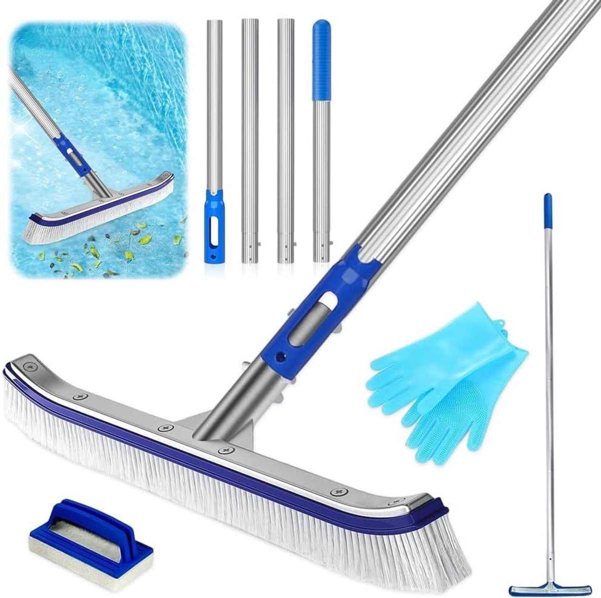 Zwembadborstelset - Blauw - 152 cm - Verstelbare Aluminium Stang met Borstel, Handschoenen en Spons - Voor Zwembadreiniging