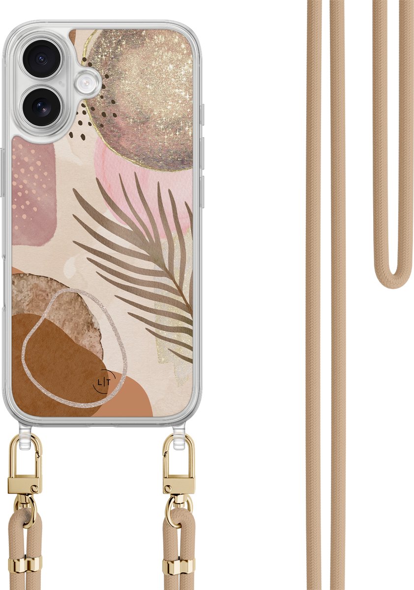 Hoesje met koord - Geschikt voor iPhone 17 - Abstract blush shapes - Verstelbaar zwart koord - Roze, Beige - Print / Illustratie - Leuke Telefoonhoesjes