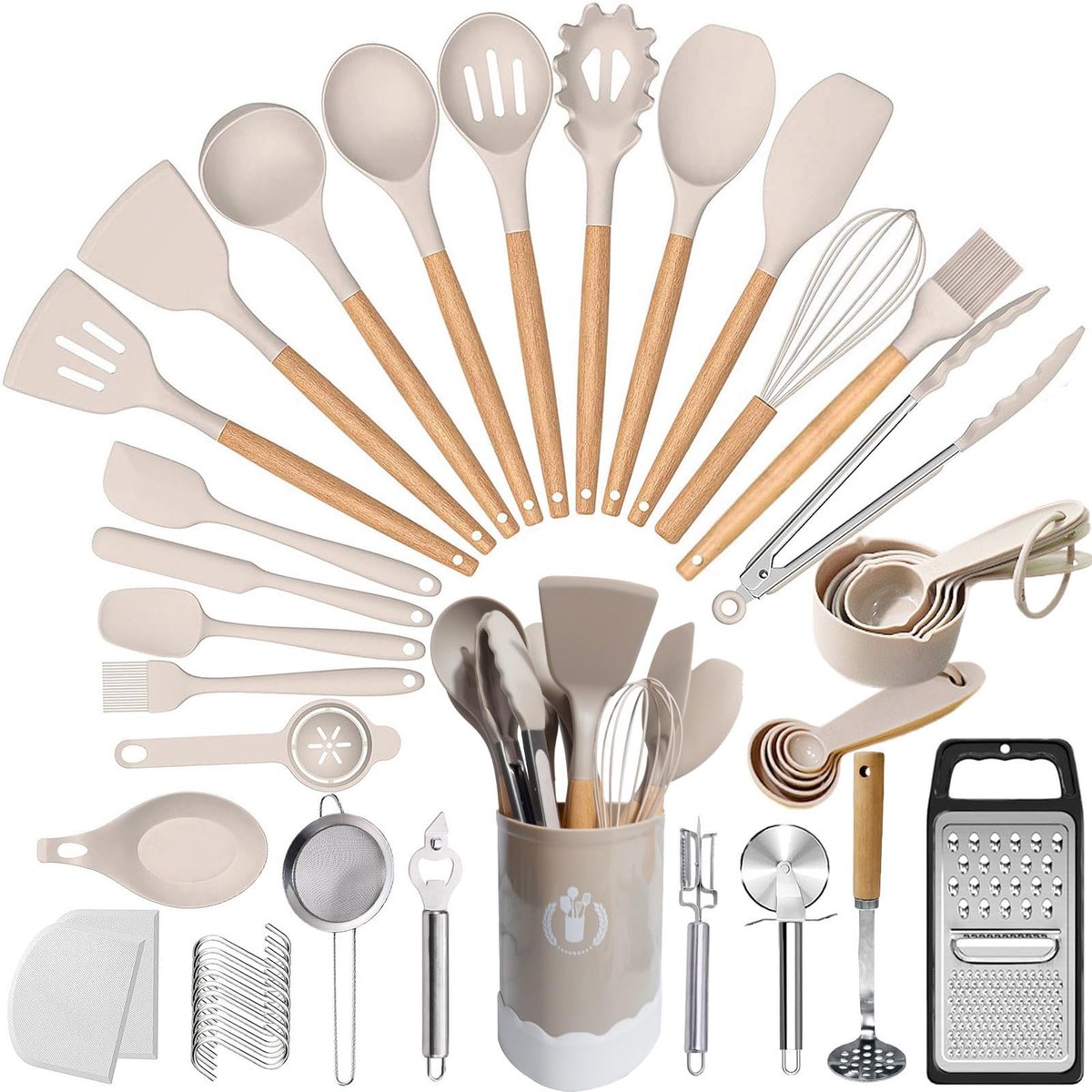 Siliconen keukengerei set 46 stuks - hittebestendig - khaki - ideaal voor koken - ShopVlot