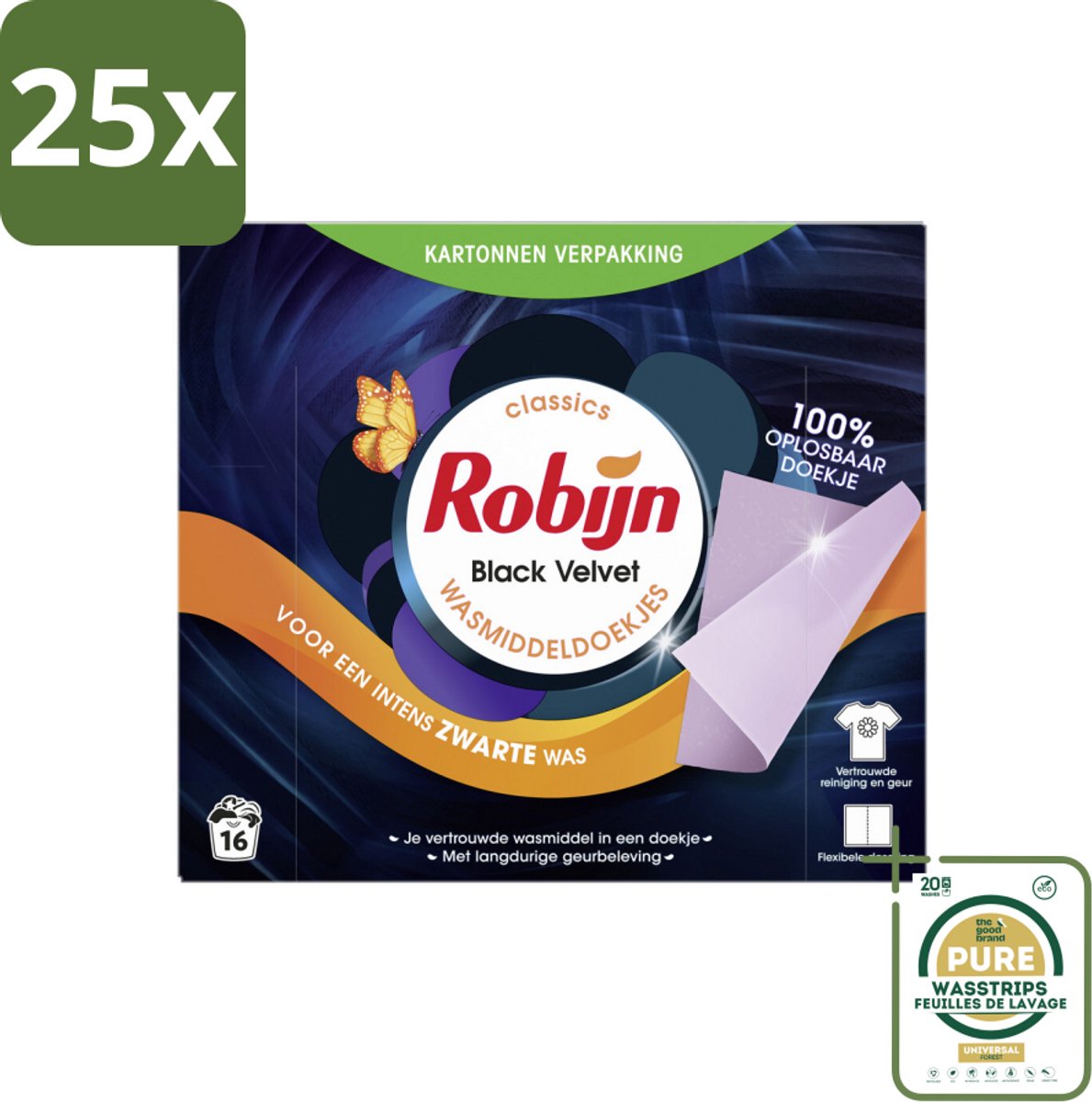 25 x Robijn Classics - Black Velvet - Wasmiddeldoekjes - 16 Wasstrips - Grootverpakking - Zwarte Was - Wasmiddel - Wasmiddeldoekjes - Kleurbescherming - Duurzame Was
