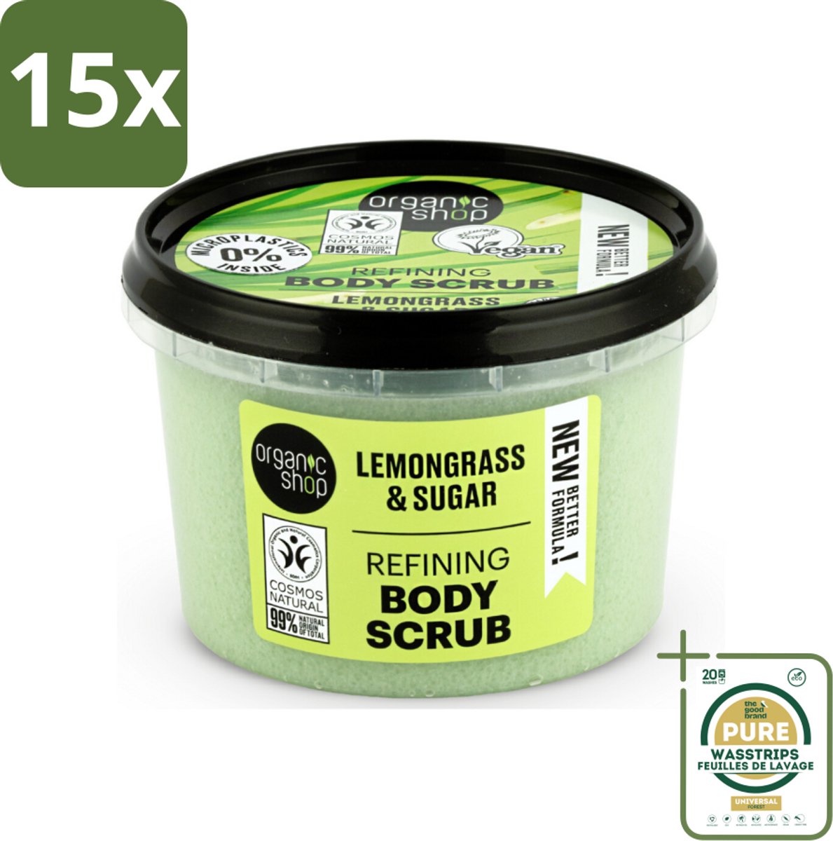 15 x Organic Shop - Body Scrub Lemongrass - Verfrissend en Verzorgend - 250 ml - Grootverpakking - Body Scrub - Exfoliatie - Citroengrasolie - Natuurlijke Huidverzorging - Huidpeeling