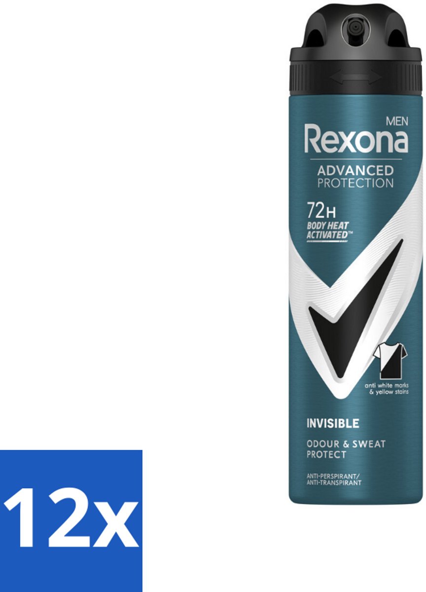 12 x Rexona Men - Deodorant Spray - Advanced Protection Invisible - Langdurige Frisheid - 150 ml - Rexona Man - Antitranspirant - Deodorant - 72 Uur Bescherming - Streepvrij