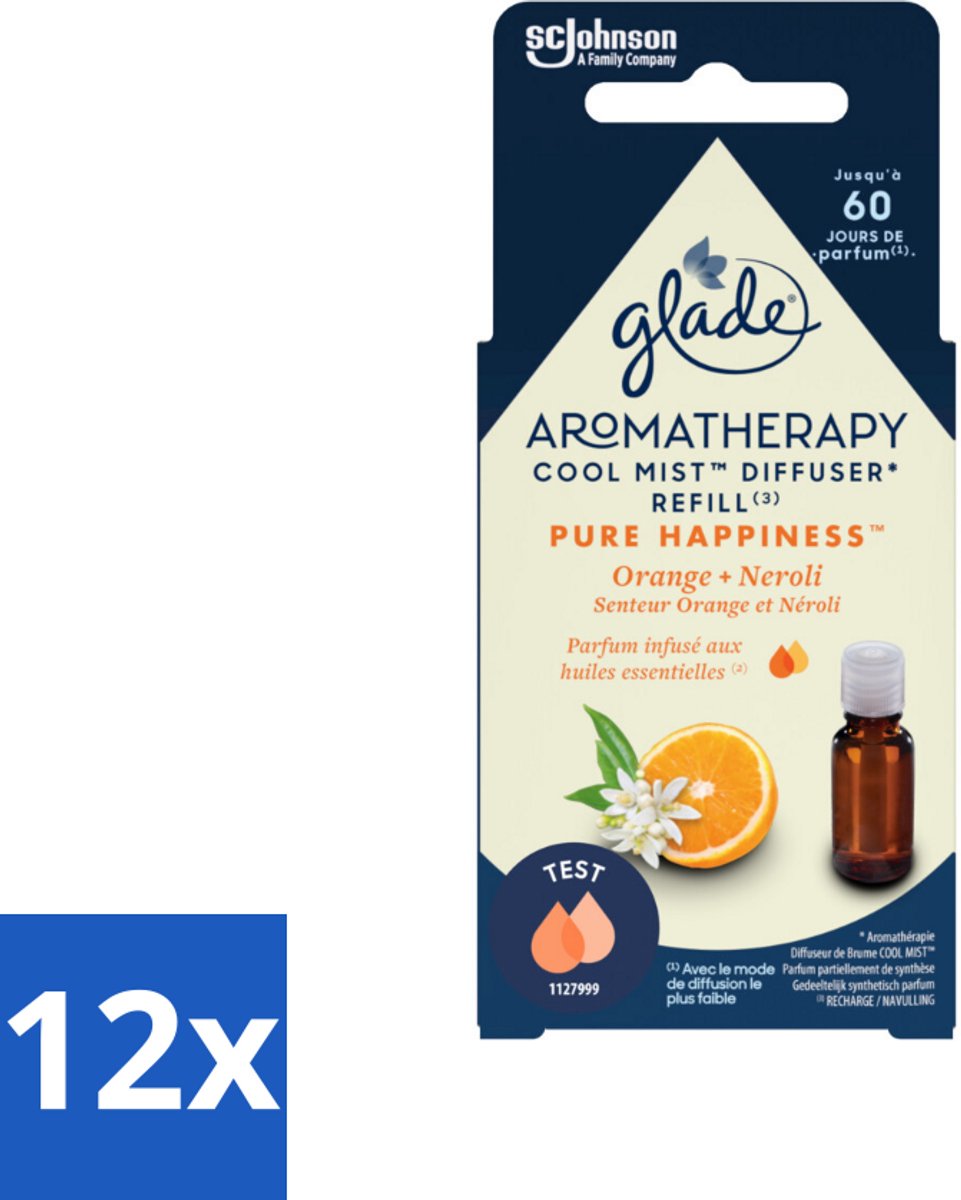 12 x Glade - Mistnavulling Pure Happiness - Aromatherapie - 17,4 ml - Geur Diffuser - Aromatherapie - Sinaasappel Geur - Neroli Geur - Positieve Energie
