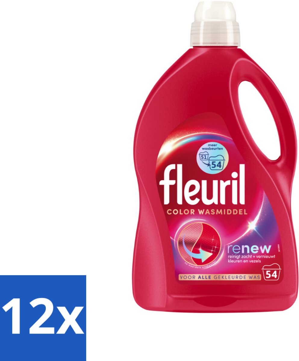 12 x Fleuril - Wasmiddel - Renew Color Vloeibaar Wasmiddel - Gekleurde Was - 54 wasbeurten - Wasmiddel Voor Gekleurde Was - Kleurbehoud - Wasmiddel Met Triple Renew Formule - Wasmiddel Voor Zachte Stof - Wasmiddel Met Langdurige Geur