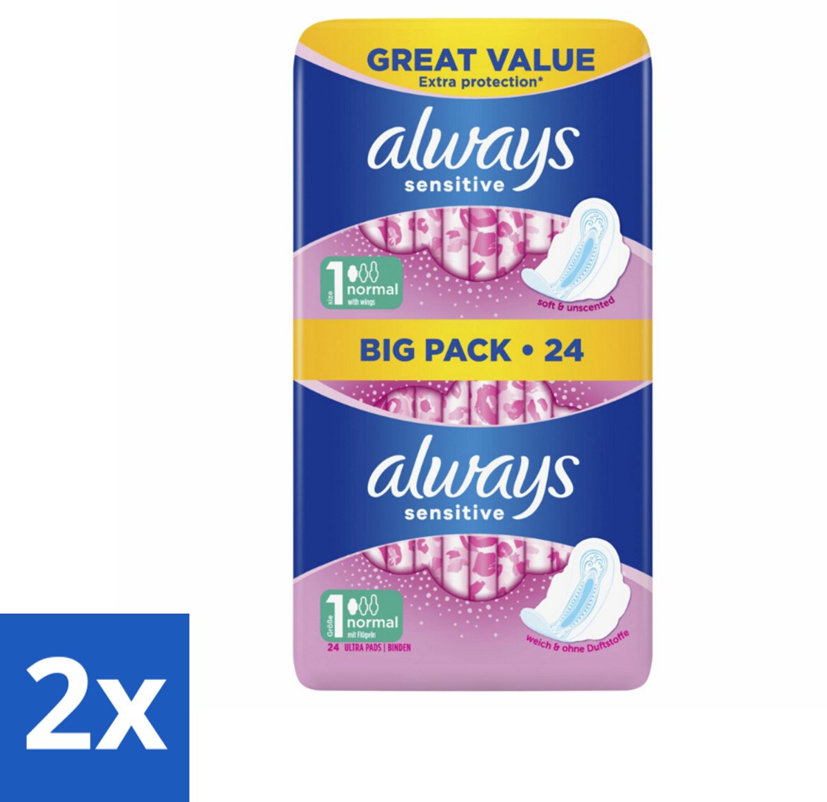 2 x Always - Maandverband - Normal - 24 Maandverband - Maandverband - Maandverband Met Vleugels - Always Sensitive - Gevoelige Huid - Lichte Menstruatie