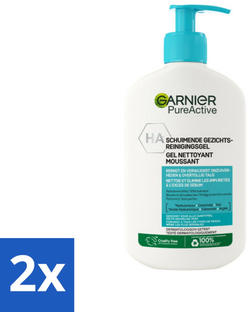 2 x Garnier - Pure Active - Gezichtsreiniger - Hydraterend - 250 ml - Gezichtsreiniger - Hydraterende Reiniger - Garnier Pure Active - Gezichtsverzorging - Gevoelige Huid