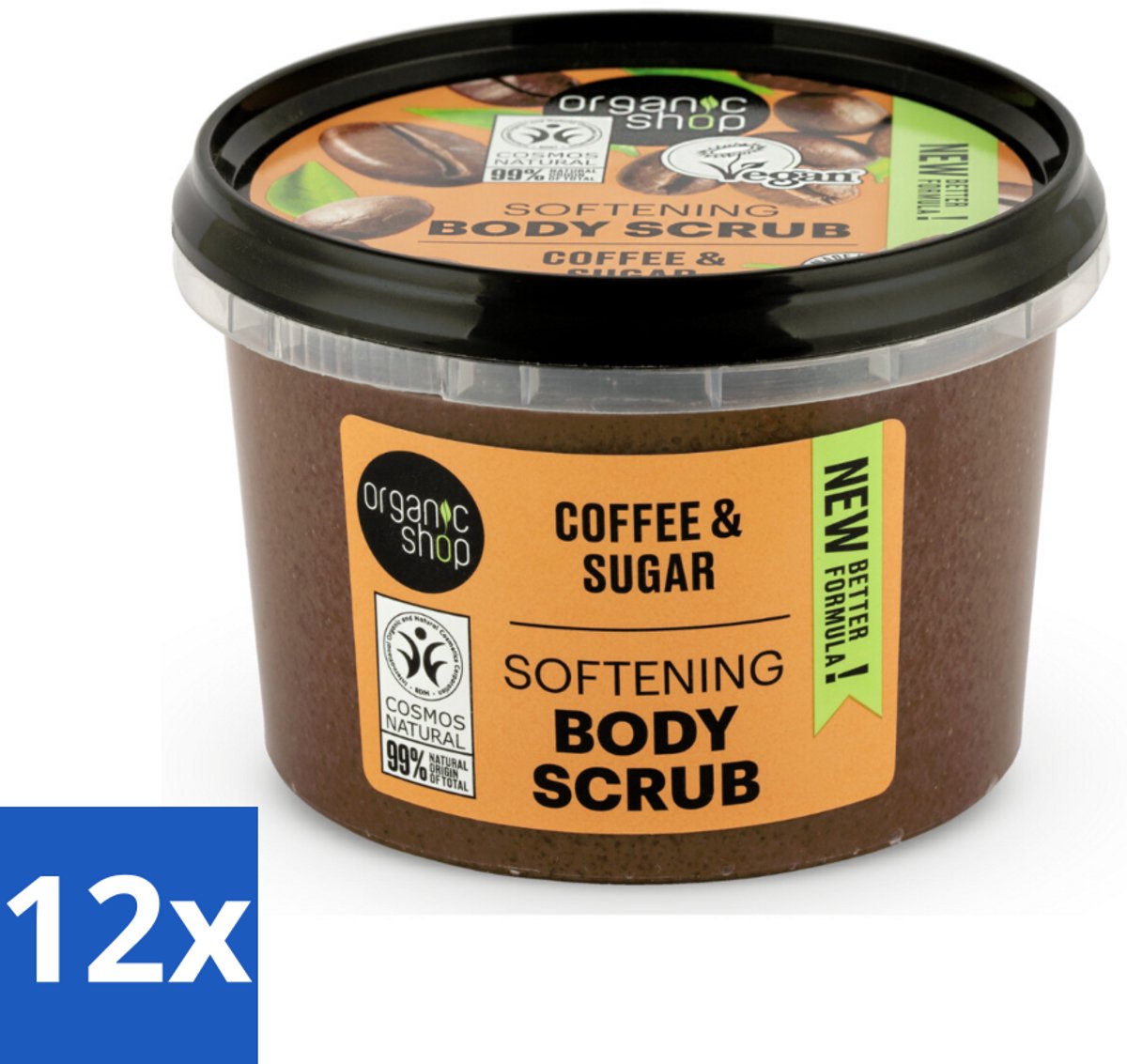 12 x Organic Shop - Organic Coffee & Sugar Body Scrub - Hydraterend en Peeling - 250 ml - Organische Bodyscrub - Koffie Scrub - Suiker Scrub - Hydraterende Bodyscrub - Exfoliërende Bodyscrub