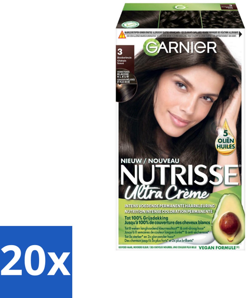 Garnier - Nutrisse Ultra Crème 3 - Haarkleuring - Donkerbruin - Intens Voedend - Permanente Kleur - Bulkverpakking - 20 stuks