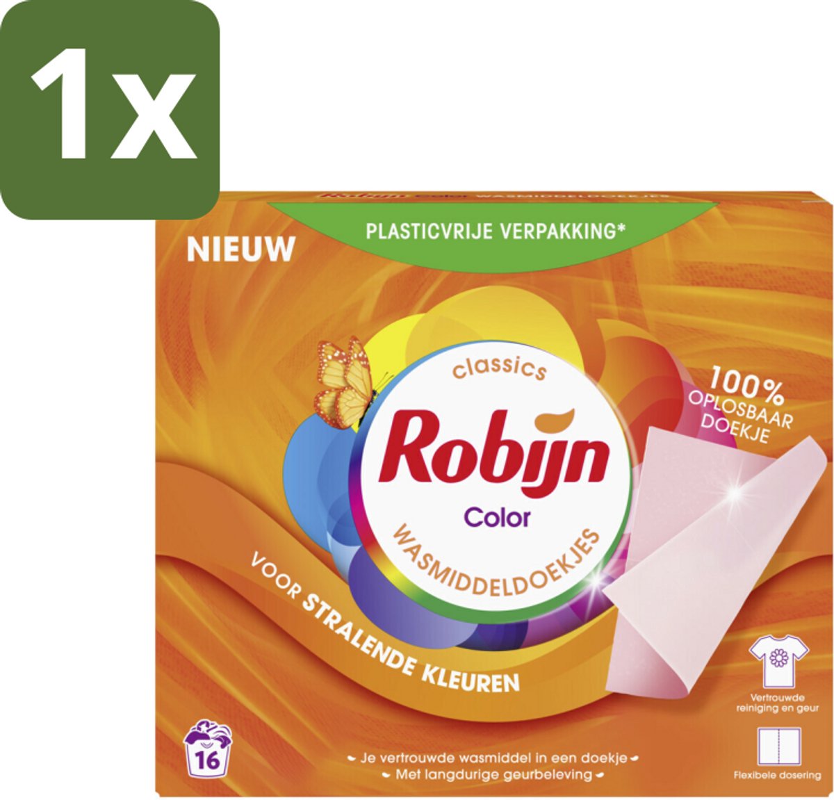 1 x Robijn Classics - Color - Wasmiddeldoekjes - 16 Wasstrips - Kleurbehoud - Wasmiddel - Wasstrips - Wasdoekjes - Wasmiddeldoekjes