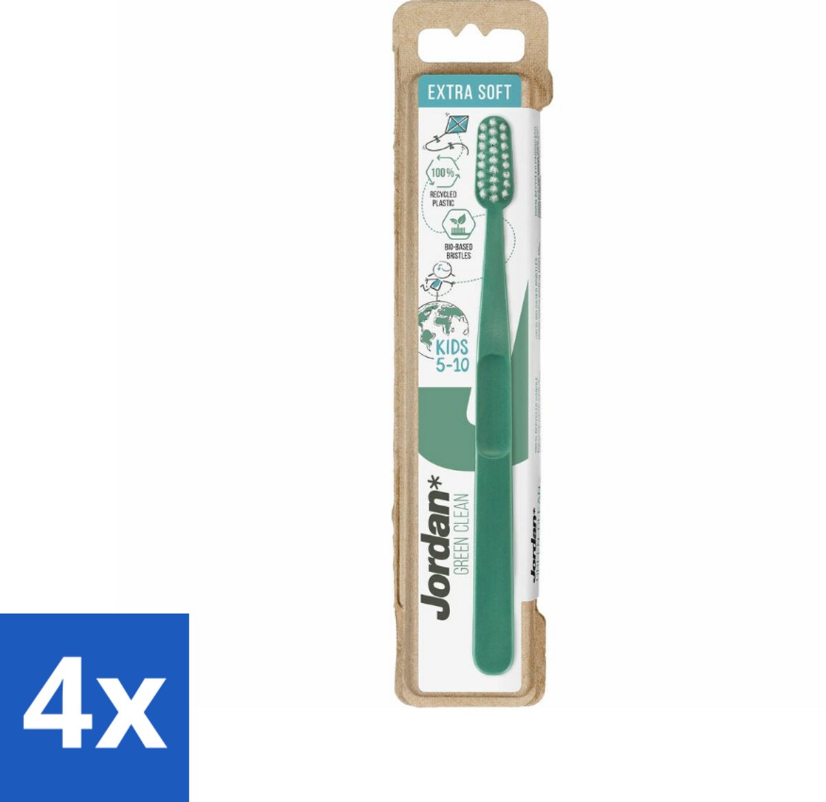 4 x Jordan - Tandenborstel - Green Clean - Extra Soft - 5 tot 10 Jaar - Kinder Tandenborstel - Tandenborstel Voor Kinderen - Duurzame Tandenborstel - Milieuvriendelijke Tandenborstel - Biologische Tandenborstel