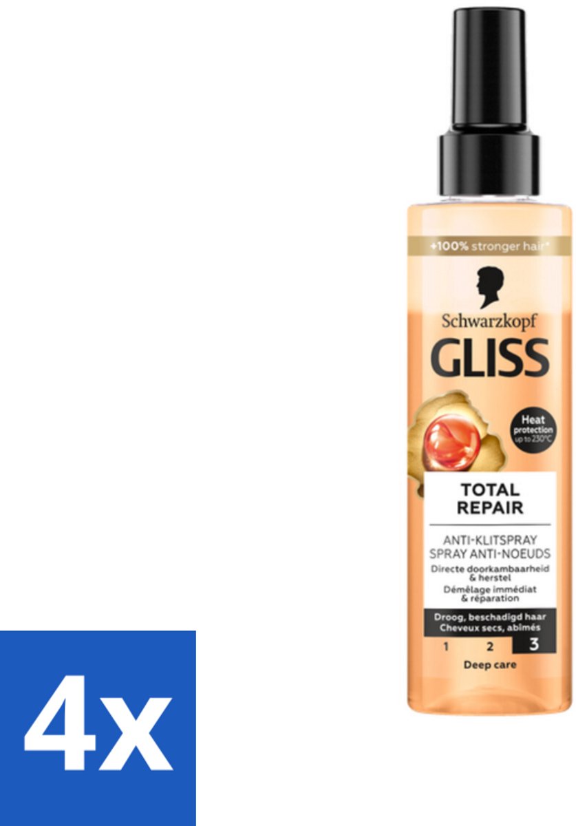 4 x Gliss - Total Repair Anti-Klit Spray - Voor Beschadigd en Droog Haar - 200 ml - Haarspray - Anti-klit Spray - Droog Haar - Beschadigd Haar - Hittebescherming