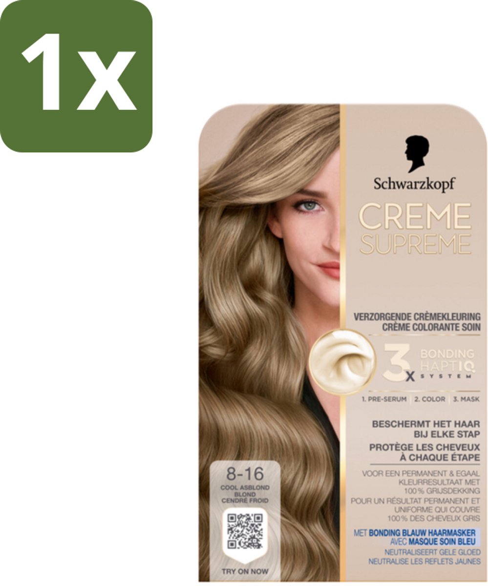 1 x Schwarzkopf - Haarkleuring - Creme Supreme 8-16 - Cool Asblond - 245g - Haarverf - Permanent Haarkleuring - Cool Asblond - Grijsdekking - Haar Verzorging