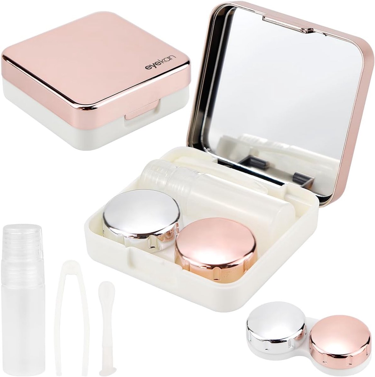 Contactlenshouder set - 2 delig - rosegoud - met spiegel en accessoires - praktisch in gebruik - ShopVlot