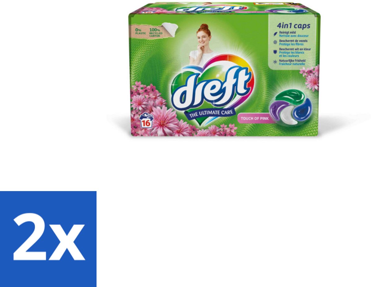 2 x Dreft - Wasmiddelcapsules - Touch of Pink - Geurige verzorging - 16 Wasbeurten - Wasmiddelcapsules - Plasticvrije Verpakking - Duurzaam Wassen - Wasmiddel - Wascapsules