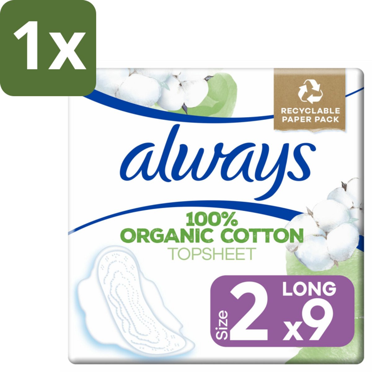 1 x Always - Maandverband - Long - Cotton Protection - Met Vleugels - 9 Maandverband - Maandverband - Katoen - Bescherming - Menstruatie - Vleugels