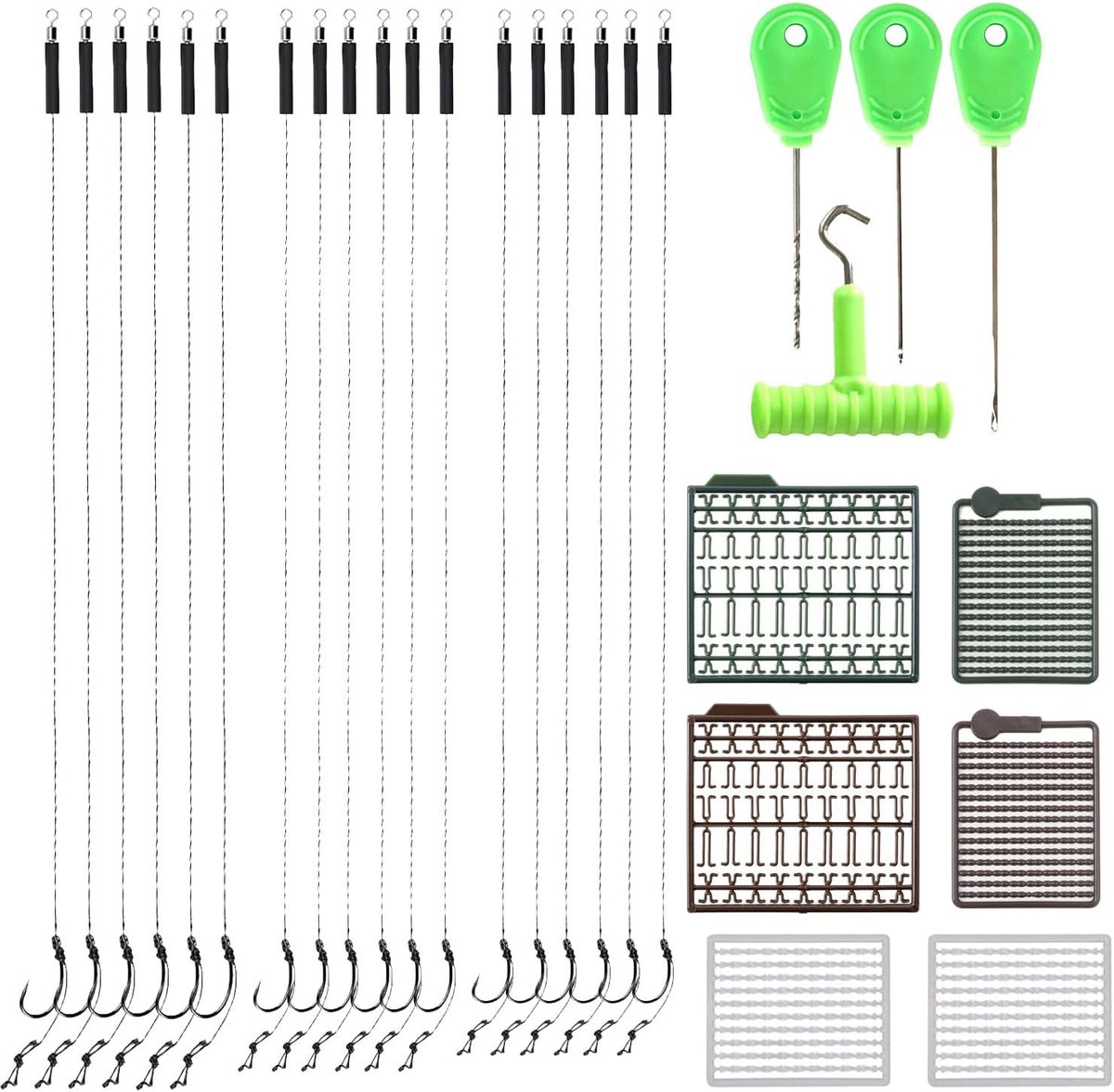 Set van 18 hair rigs voor karpers - gebogen gevlochten vishaken - inclusief boilie-naalden en plastic doppen - ShopVlot