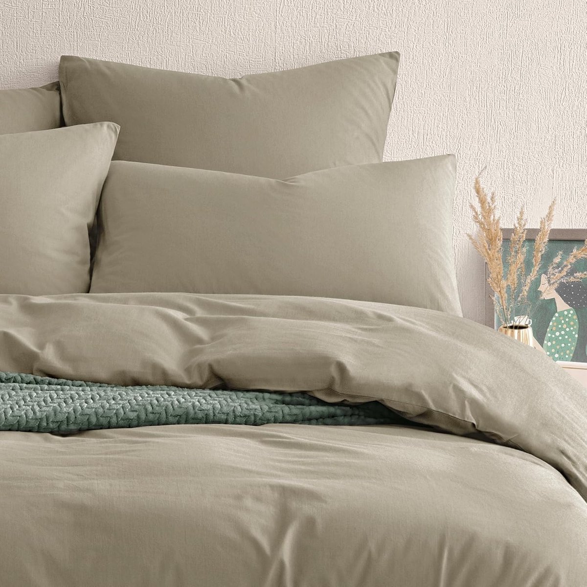 Bedlinnen set 155 x 220 cm - beige taupe - 100% katoen percale - ademend en zacht - ShopVlot