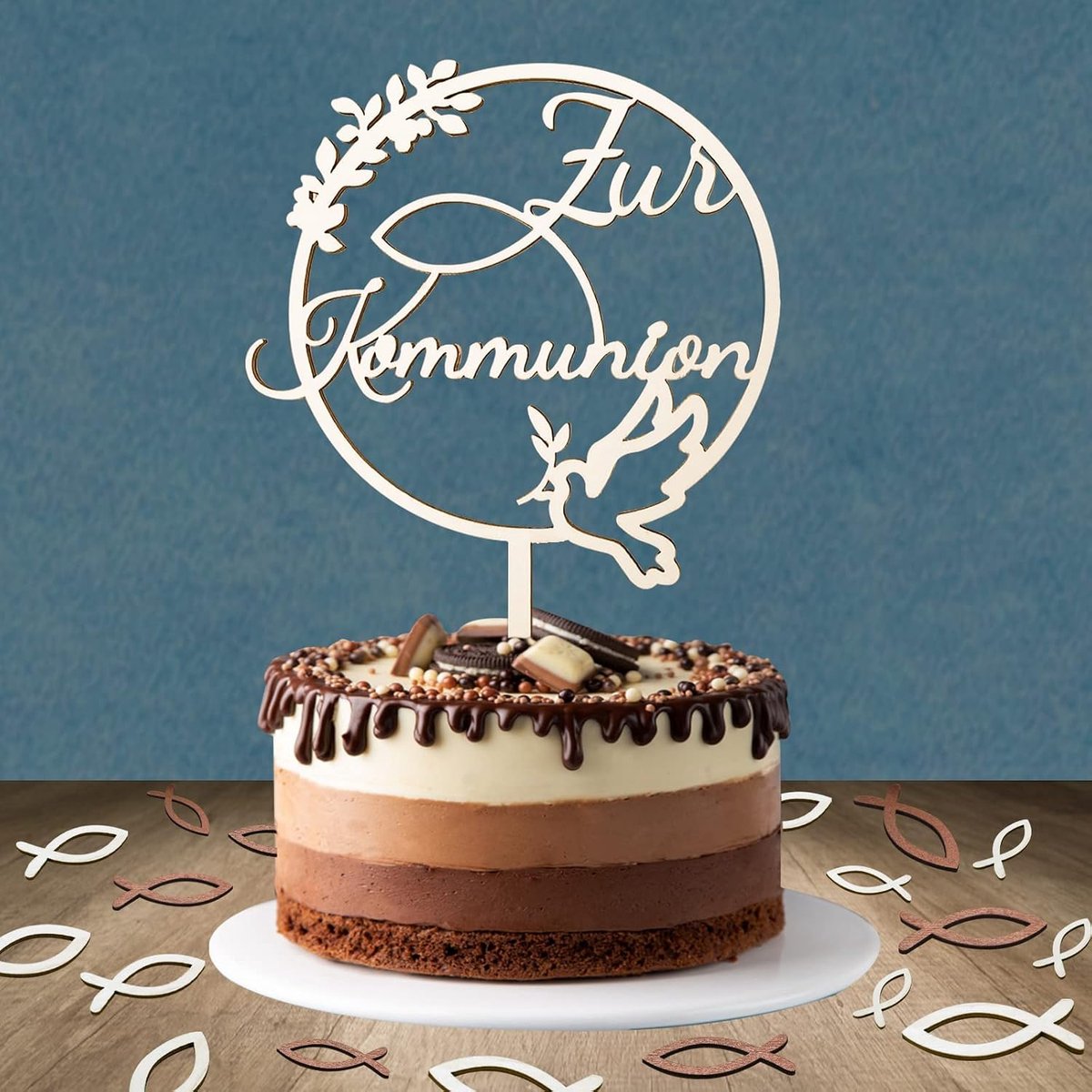 Cake Decoration For Communion - 1 Wooden Cake Topper and 36 Wooden Fish Table Decoration - ShopVlot