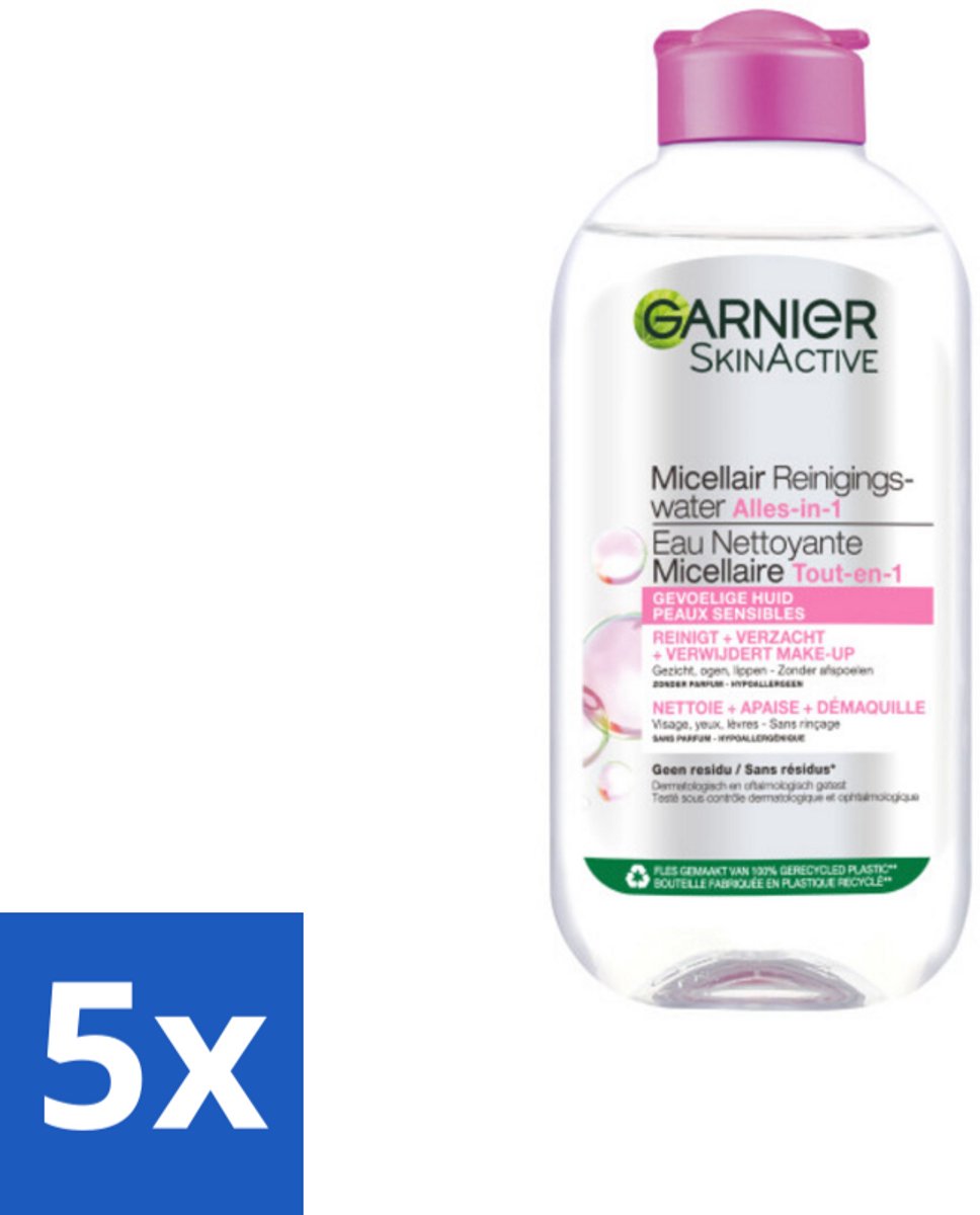 5 x Garnier - SkinActive - Micellair Water - Gevoelige Huid - Gezichtsreiniger - 200 ml - Gevoelige Huid - Gezichtsreiniger - Micellair Water - Make-up Verwijderen - Huid Reinigen