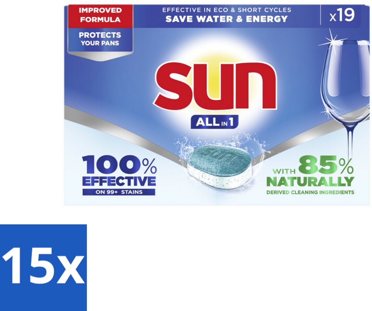 15 x Sun - Vaatwastabletten - All-in-1 Neutraal - 19 tabletten - Vaatwasmiddel - Vaatwastablet - Vaatwasmiddel Neutraal - Vaatwasmiddel All-in-1 - Vaatwasmiddel Effectief