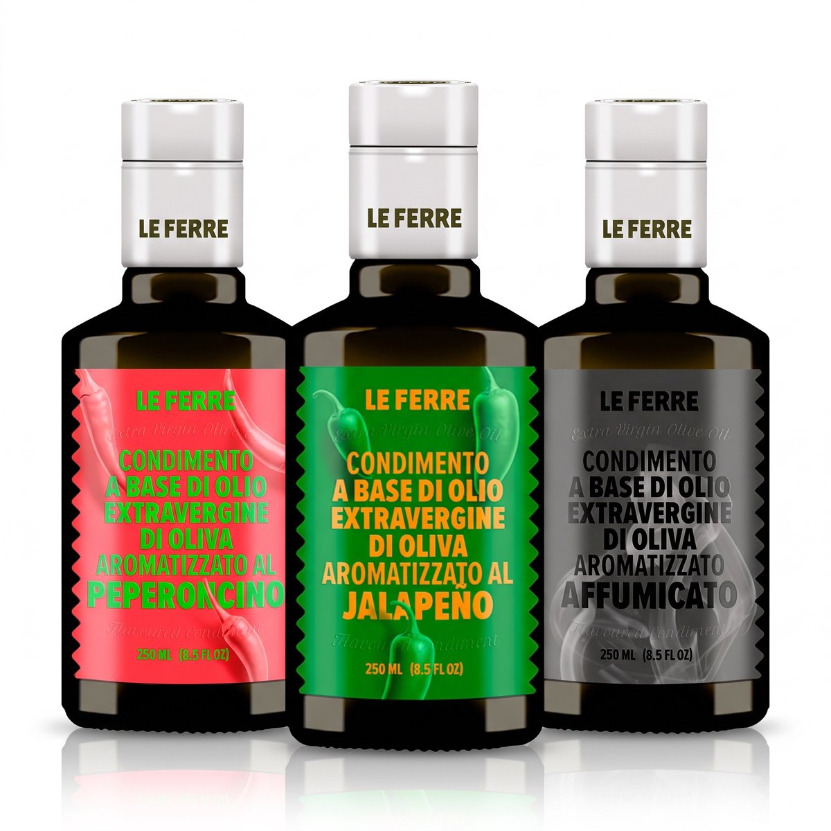 Le Ferre - Italiaanse Olijfolie Grill & Spicy Trio Set (3x 250 ml) – Chili, Gerookte & Jalapeño – Premium Extra Vierge Infusies – Luxe Cadeauset voor BBQ, Pizza & Burgers