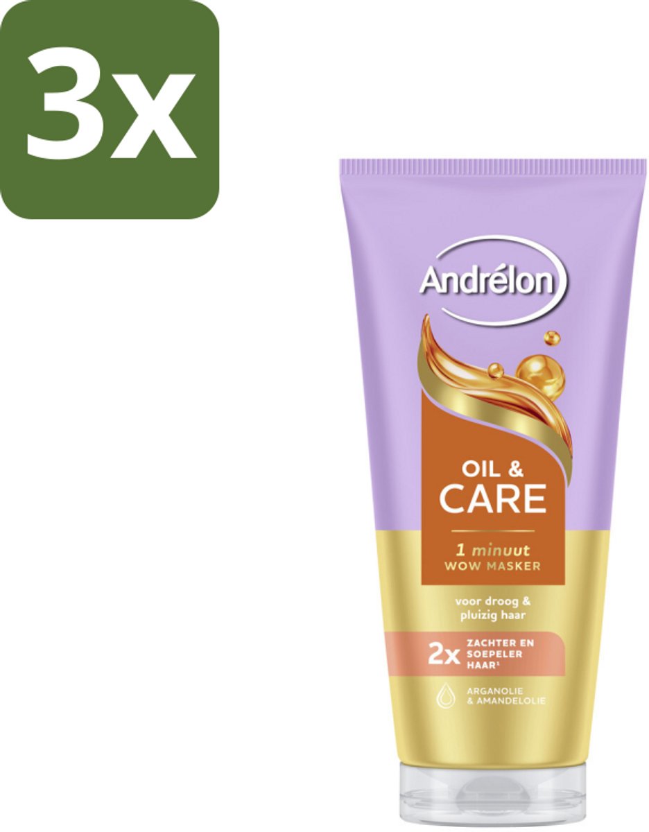3 x Andrélon – Haarmasker WOW – Oil & Care – 180 ml - Haarmasker - Haar Verzorging - Pluisbestrijding - Droog Haar - Haar Voeding