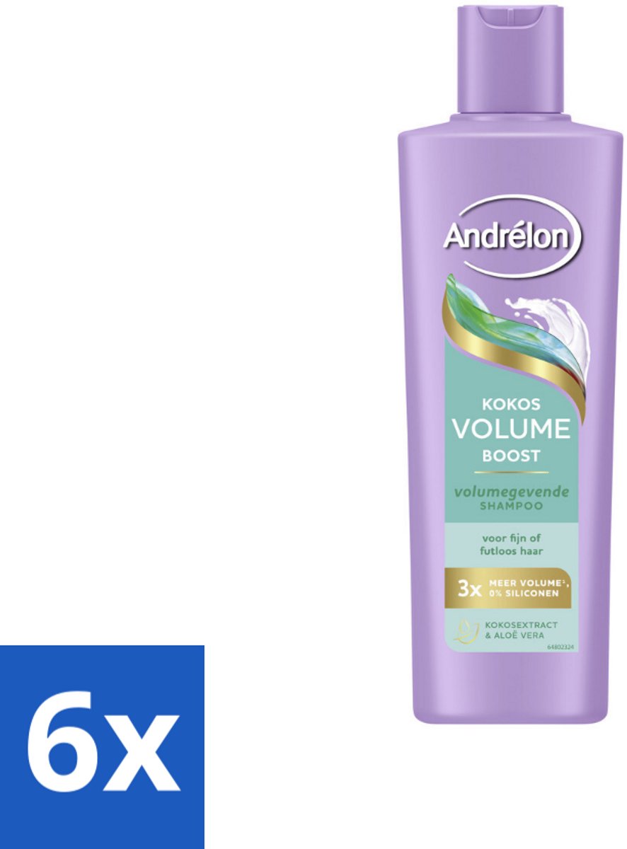 6 x Andrélon – Shampoo – Volume Boost – 250 ml - Haar Volume - Kokos Shampoo - Volume Boost - Fijn Haar - Futloos Haar