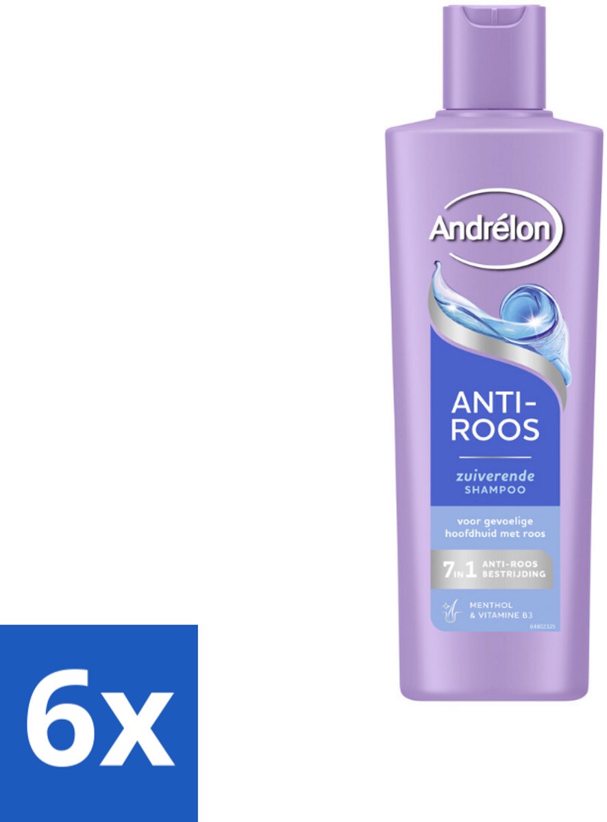 6 x Andrélon – Shampoo – Anti Roos – 250 ml - Roos Haar - Roos Hoofdhuid - Anti-roos Shampoo - Menthol Shampoo - Vitamine B3 Shampoo