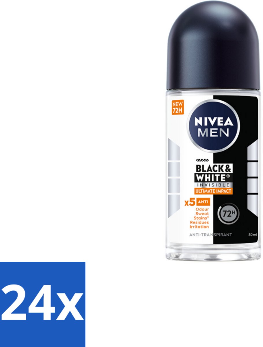 24 x NIVEA MEN - Deodorant Roller - Black & White Ultimate Impact - 50 ml - Deodorant - Zweetbestendig - Anti-vlekken - Kledingbescherming - Huidbescherming
