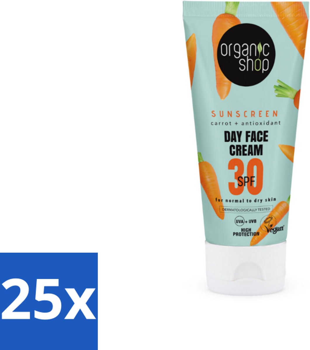 25 x Organic Shop - Zonnebrandcrème Gezicht SPF 30 - Normale Huid - 50 ml - Zonnebrandcrème - SPF 30 - Gezichtsbescherming - UVA/UVB Bescherming - Natuurlijke Zonnebrand