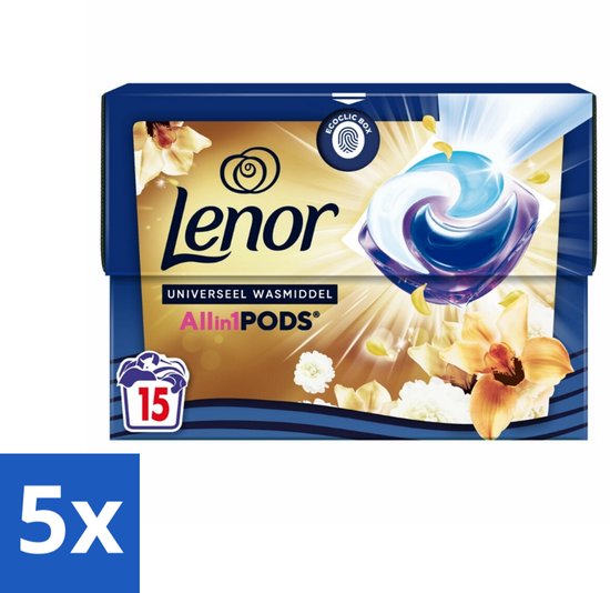 5 x Lenor - Wasmiddel Pods - Universeel - Amber & Orchidee - 15 Wasbeurten - Wasmiddel Pods - Wascapsules - Gouden Orchidee - Wasgeur - Was Reiniging