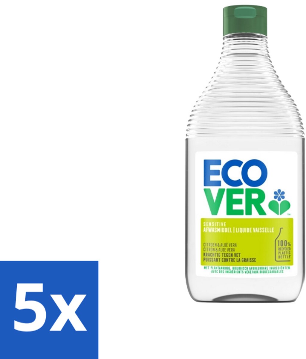 5 x Ecover - Afwasmiddel - Citroen & Aloë Vera - 450 ml - Afwasmiddel Citroen Aloë Vera - Plantaardig Afwasmiddel - Milieuvriendelijk Afwasmiddel - Biologisch Afbreekbaar Afwasmiddel - Huidvriendelijk Afwasmiddel