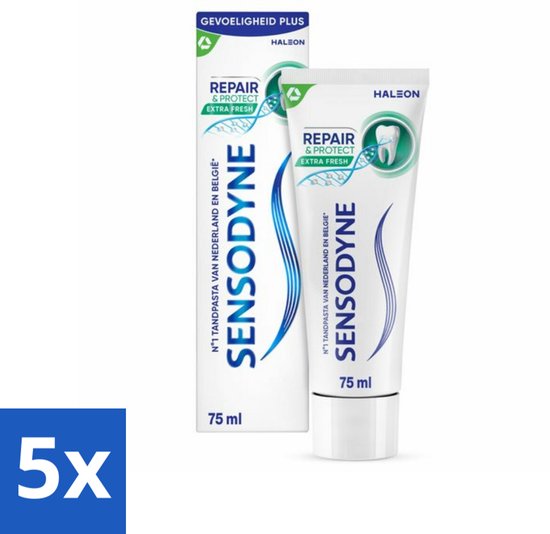 Verpakking met 5 tubes Sensodyne tandpasta, Repair & Protect Extra Fresh, 75 ml.