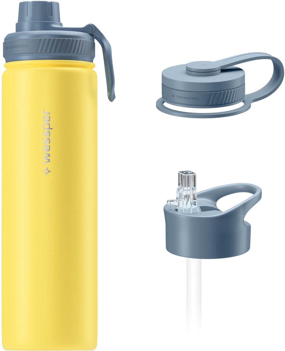 Wessper Roestvrijstalen Thermofles, 700 ml, Thermosfles met Drie Verwisselbare Doppen, Drinkfles voor Warme en Koude - ShopVlot
