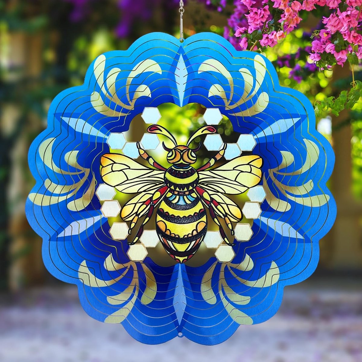 Kleurrijke bij windspinner, 30×30 cm roestvrij staal, vogelverschrikker, hangdecoratie voor tuin, terras en balkon
