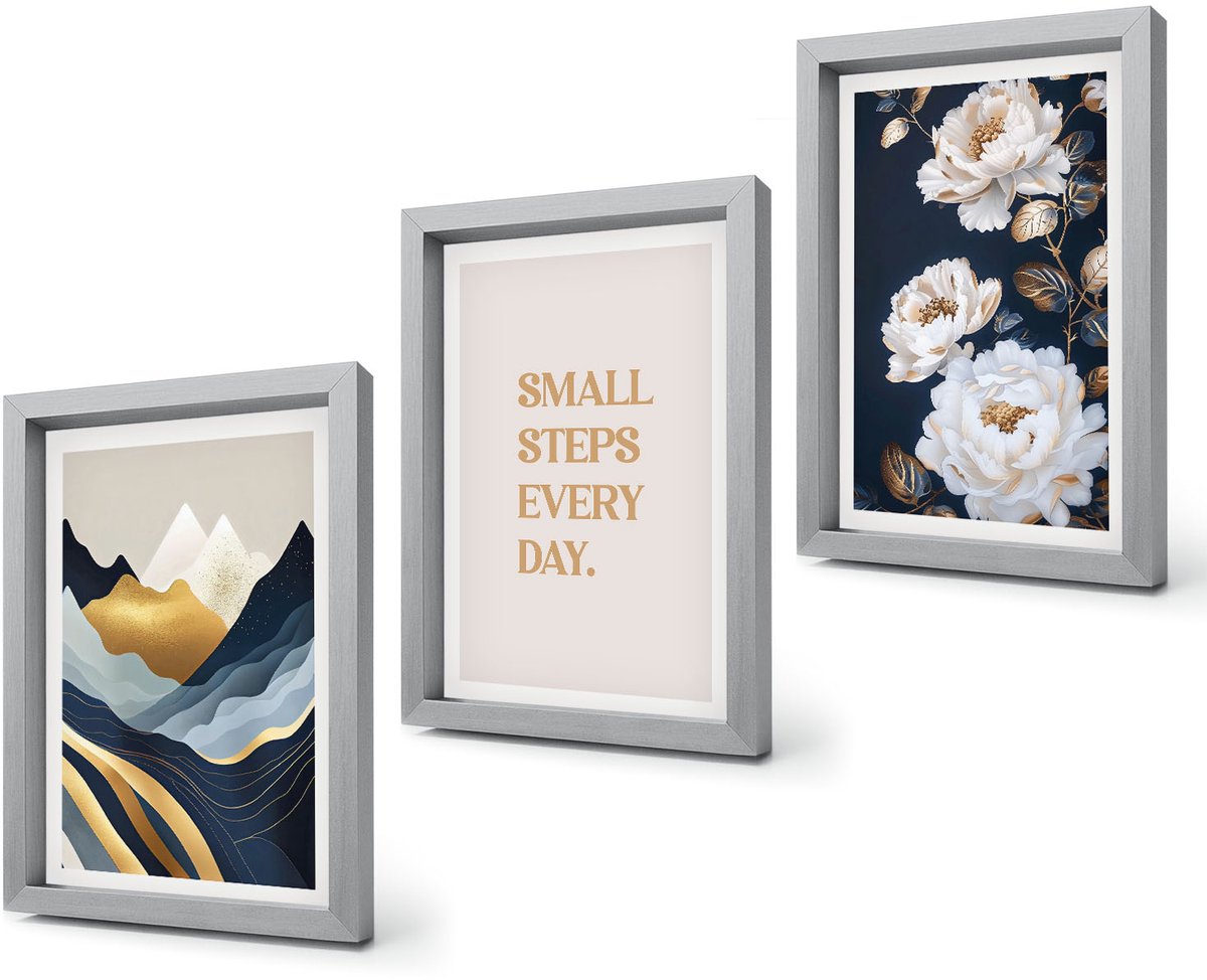 Coloray 4-Delige Schilderij Set - Abstracte bergen, bloemen en inspirerende letters - 20 x 30 cm - Muurdecoratie - Decoratieve Schilderijen - Wohnzimmer Zilveren lijst
