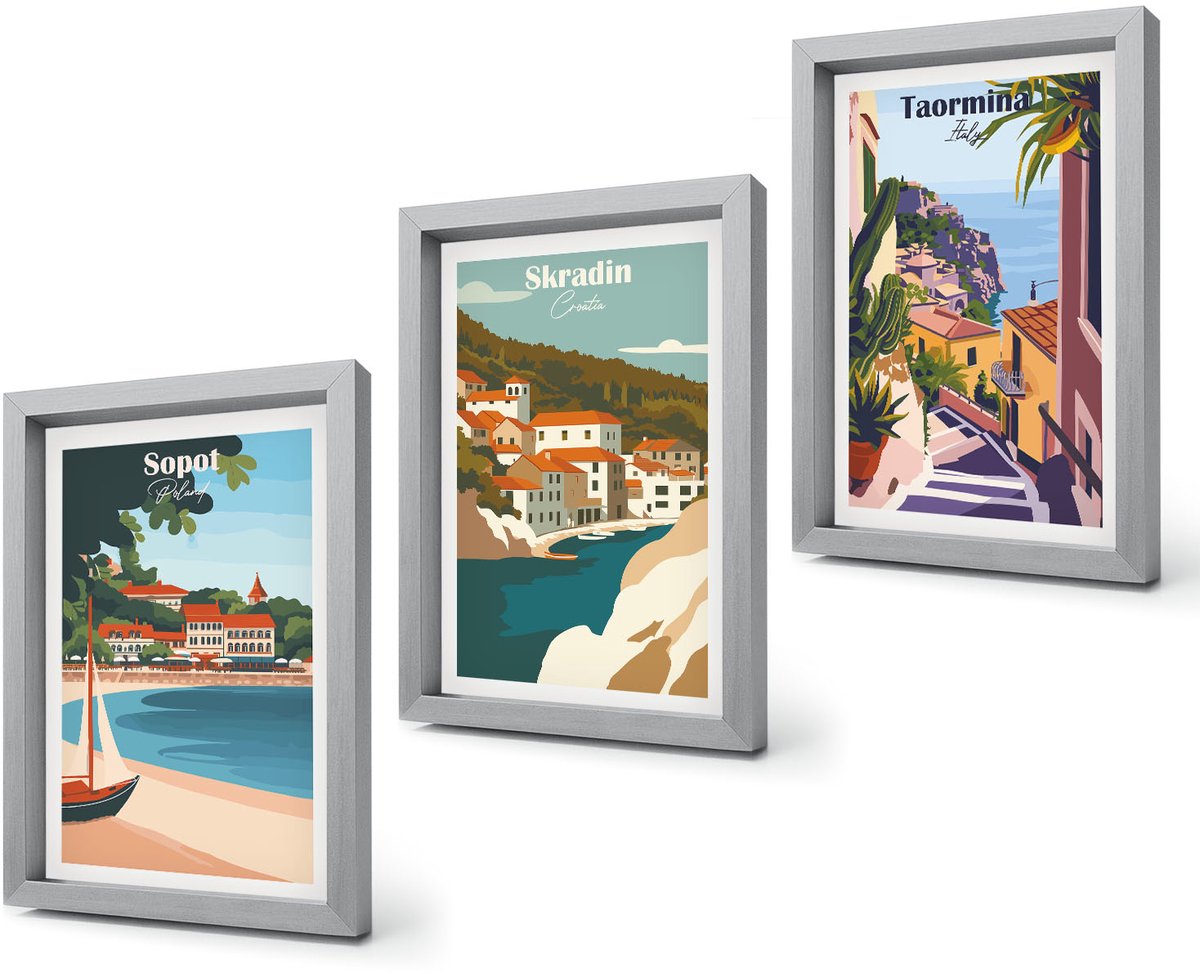 Coloray 4-Delige Schilderij Set - Uitzichten op kuststeden in stijlvolle illustraties - 20 x 30 cm - Wanddecoratie - Muurdecoratie - Woonkamer Zilveren lijst