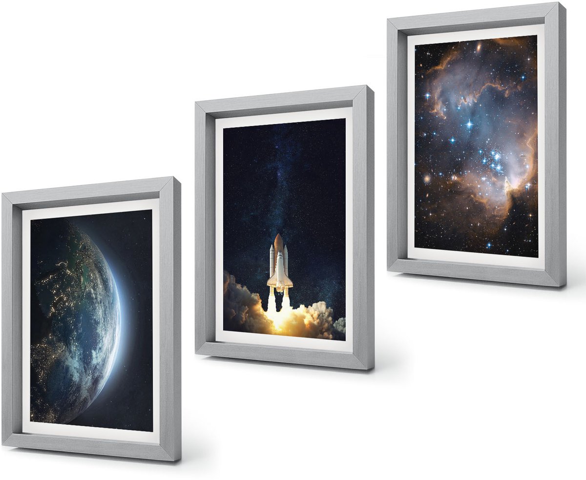 Coloray 4-Delige Schilderij Set - Ruimte Aarde Raket Melkweg Hemel Sterren - 20 x 30 cm - Muurdecoratie - Decoratieve Schilderijen - Wohnzimmer Zilveren lijst