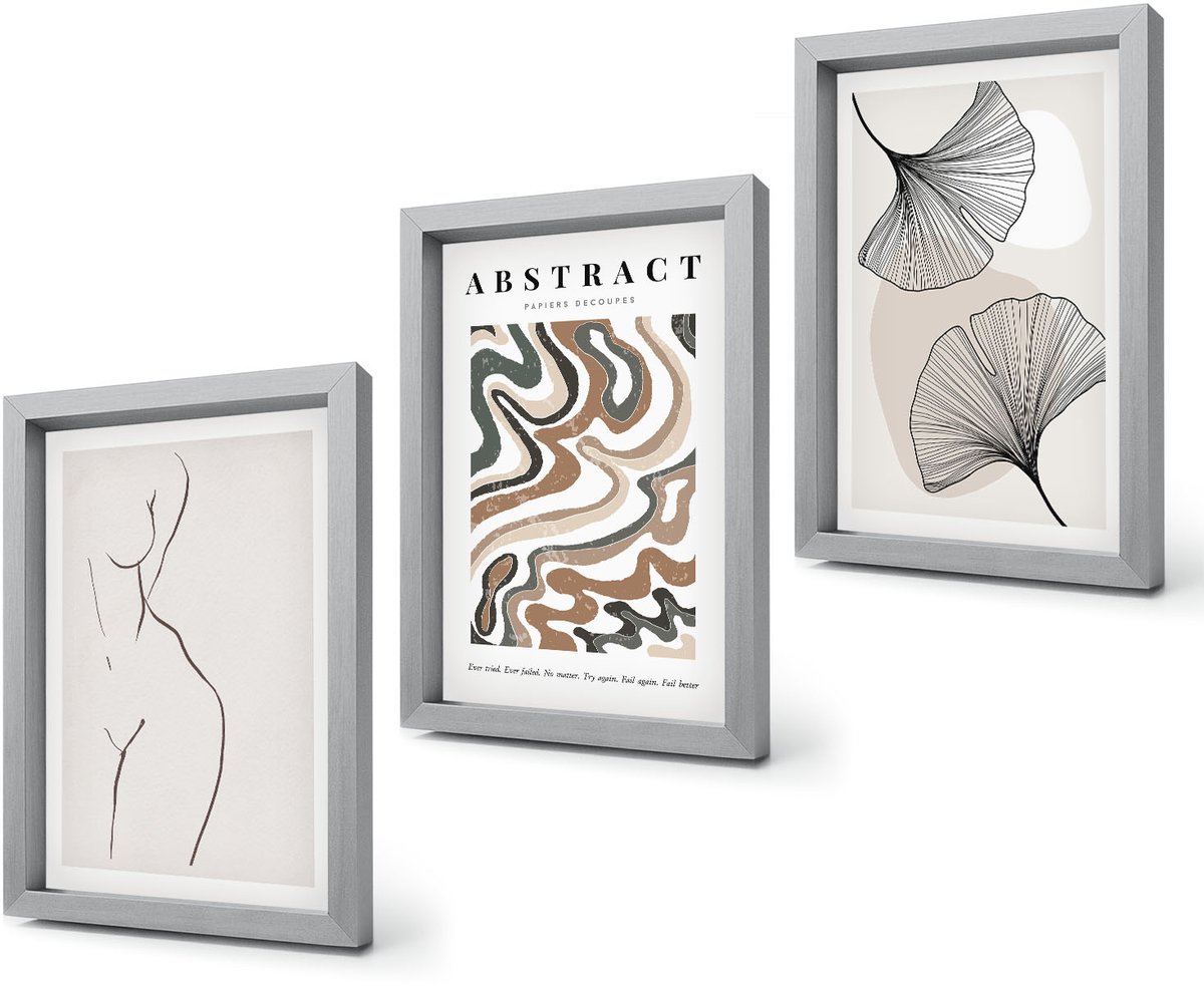 Coloray 4-Delige Schilderij Set - Abstracte poster met vrouwelijke vormen en bladeren in boho-stijl. - 20 x 30 cm - Wanddecoratie - Woonkamer Decoratie Zilveren lijst