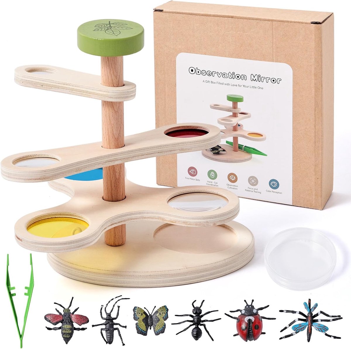 KZQ Insecten observatieset kinderen - Vergrootglas viewer met kleurenfilters, draaibaar, houten STEM speelgoed - Met pincet, petrischaal & 6 insectenmodellen - Cadeau voor 4-8 jaar