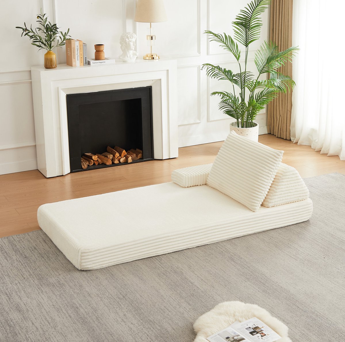 STILVORA Bank - Modulaire Slaapbank 1-Zits - Verstelbare Armleuningen En Driehoekige Rugleuning - Voor Wonen En Logeren - Corduroy - Beige