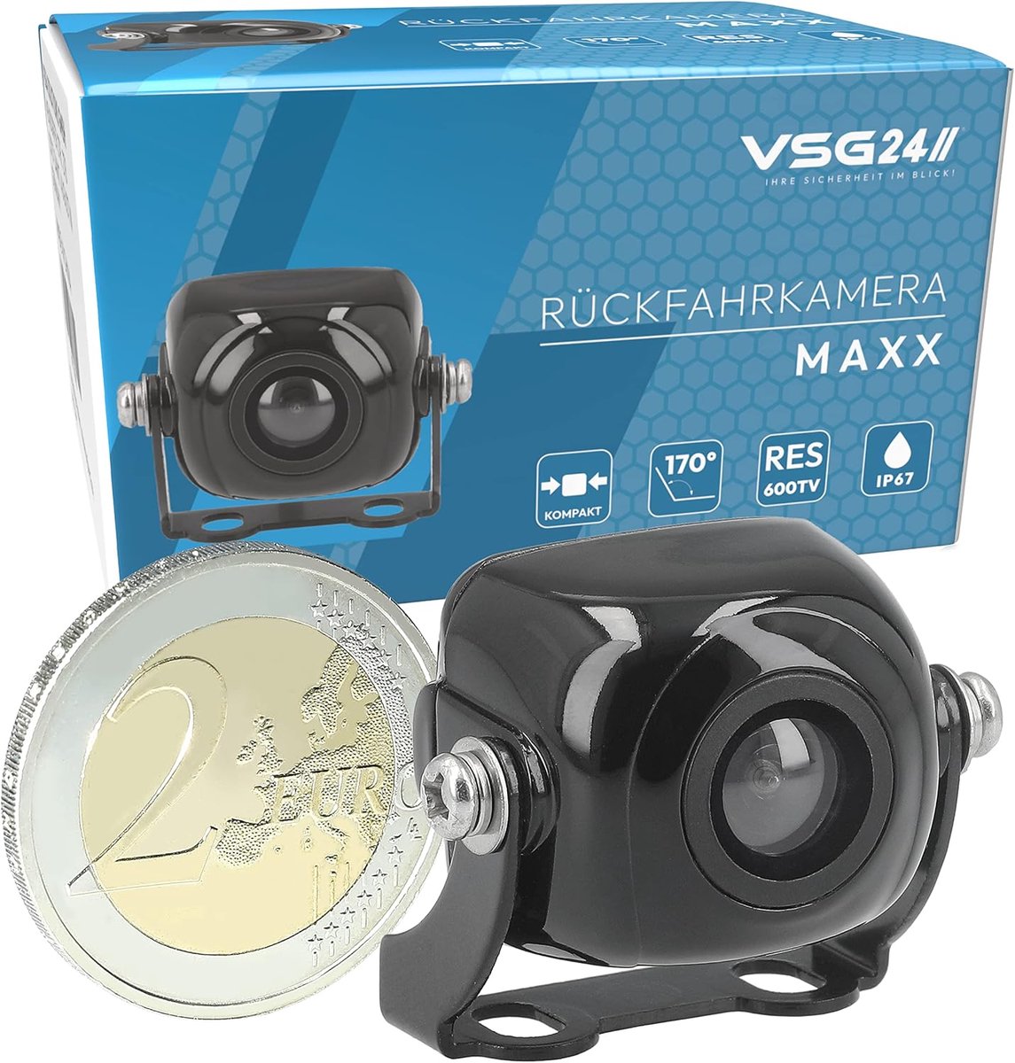 VSG 24 23141 - Mini rear view camera, small camera incl. extension cable, distance line display, flexible alignment - ShopVlot