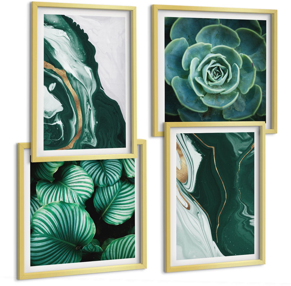 TULUP 4-Delige Schilderij Set - Abstracte verfpatronen: bladeren, planten, vetplanten - 40 x 40 cm en 40 x 60 cm - Wanddecoratie - Muurdecoratie - Moderne Interieurdecoratie - Stijlvolle Muurdecoratie Gouden lijst
