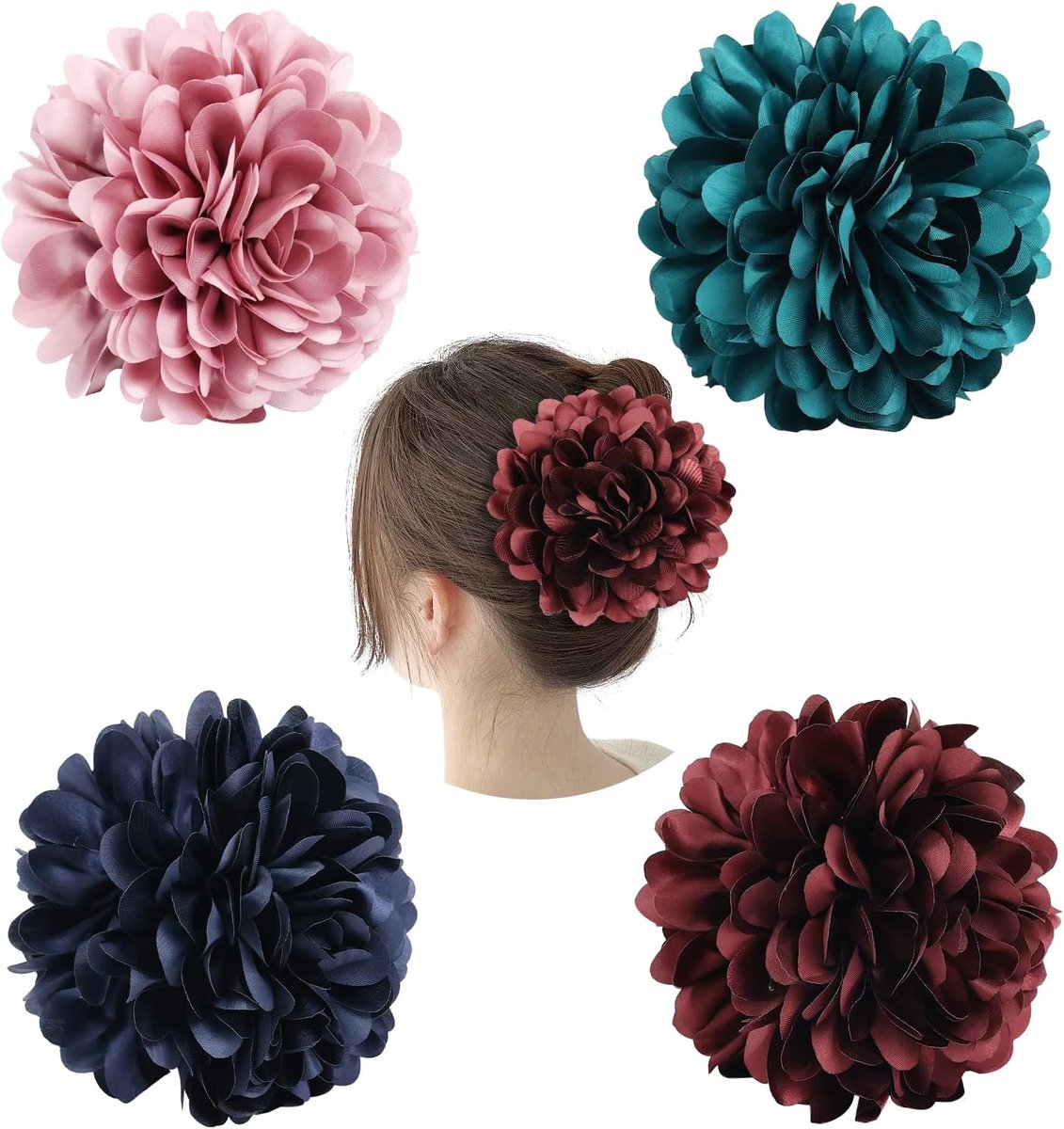 Cinaci 4 Pack Black Plastic Hair Claws Clips With Big Big Satin Flower Bow Barrettes Clamps Bun Chignon Updo Holders - ShopVlot