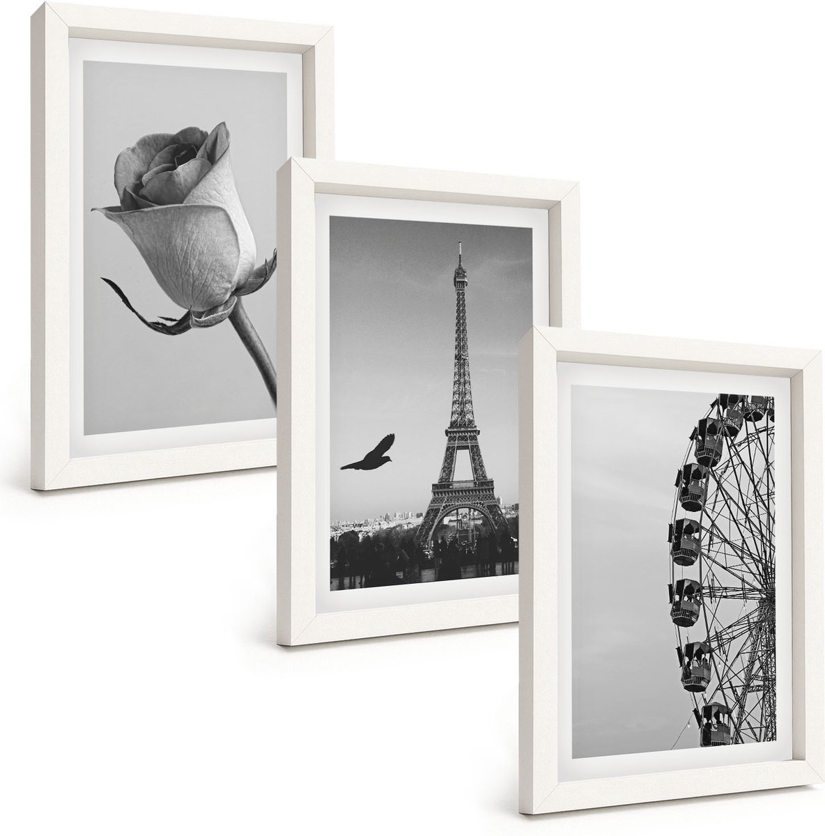 Tulup 3-Delige Schilderij Set - Roze Eiffeltoren en reuzenrad in zwart-wit - 20x30 - Muurdecoratie - Decoratieve Schilderijen - Wohnzimmer