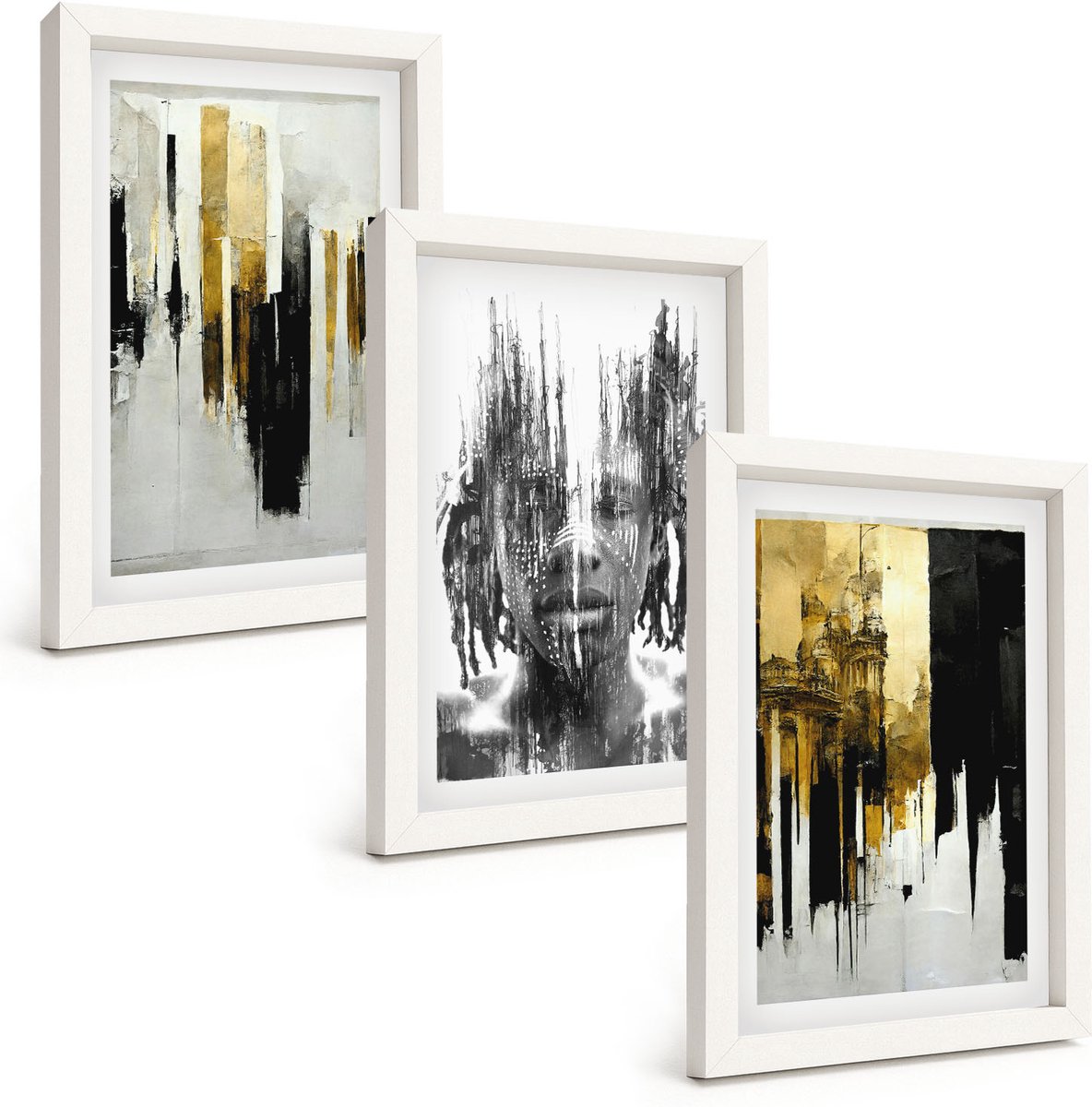 Tulup 3-Delige Schilderij Set - Contrasterende abstracties met portret en architectuur - 20x30 - Decoratieve Schilderijen - Woonkamer - Interieur